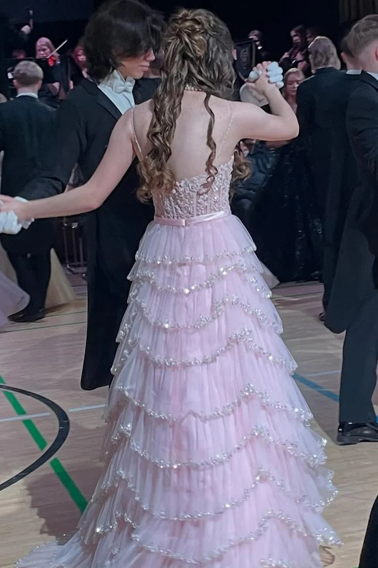 Tiered Tulle A-Line Sweetheart Spaghetti Straps Pink Party Prom Dress