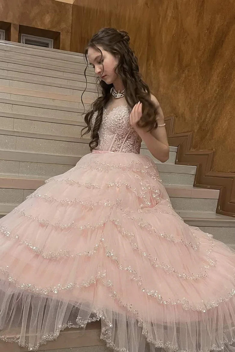 Tiered Tulle A-Line Sweetheart Spaghetti Straps Pink Party Prom Dress