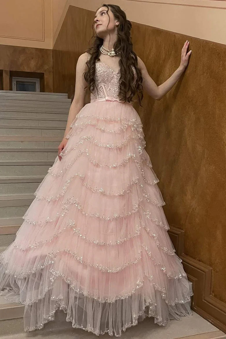 Tiered Tulle A-Line Sweetheart Spaghetti Straps Pink Party Prom Dress