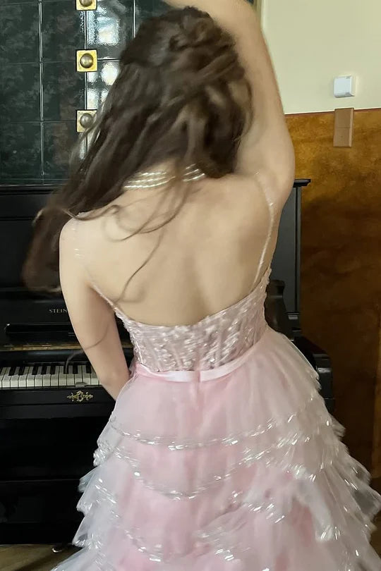 Tiered Tulle A-Line Sweetheart Spaghetti Straps Pink Party Prom Dress