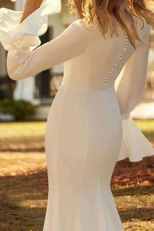 Trumpet V-Neck Long Sleeves Empire Satin Wedding Dress