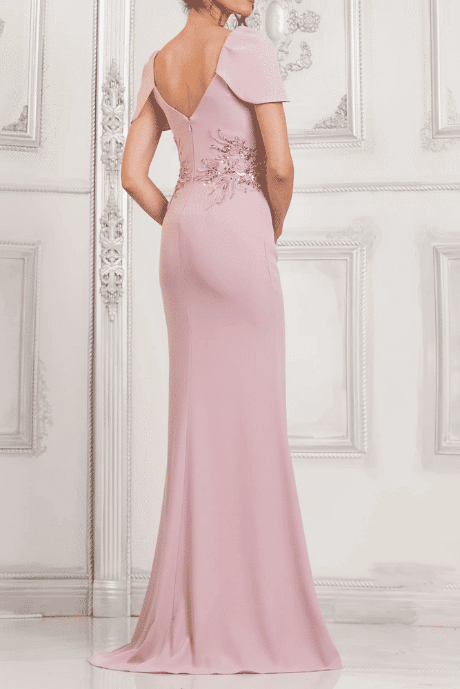 Trumpet V-Neck Short Sleeves Appliques Mother Of Brides Dress With Slit