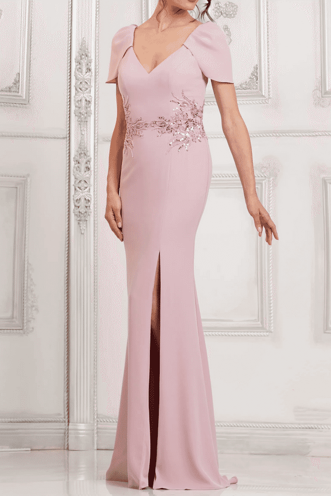 Trumpet V-Neck Short Sleeves Appliques Mother Of Brides Dress With Slit