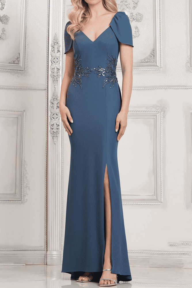 Trumpet V-Neck Short Sleeves Appliques Mother Of Brides Dress With Slit