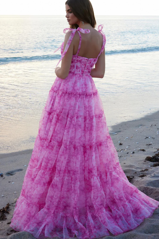 Tulle A-Line Bow Straps Sweetheart Long Party Prom Dress