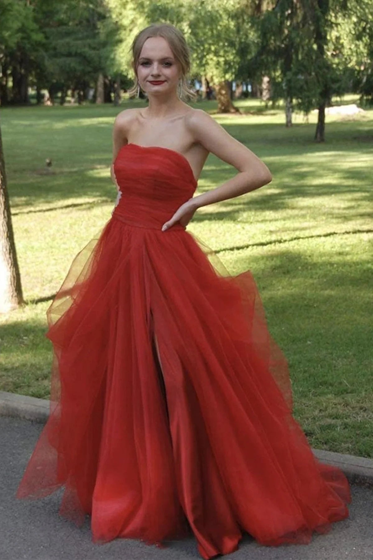 Tulle A-Line Empire Strapless Party Prom Dress With Slit