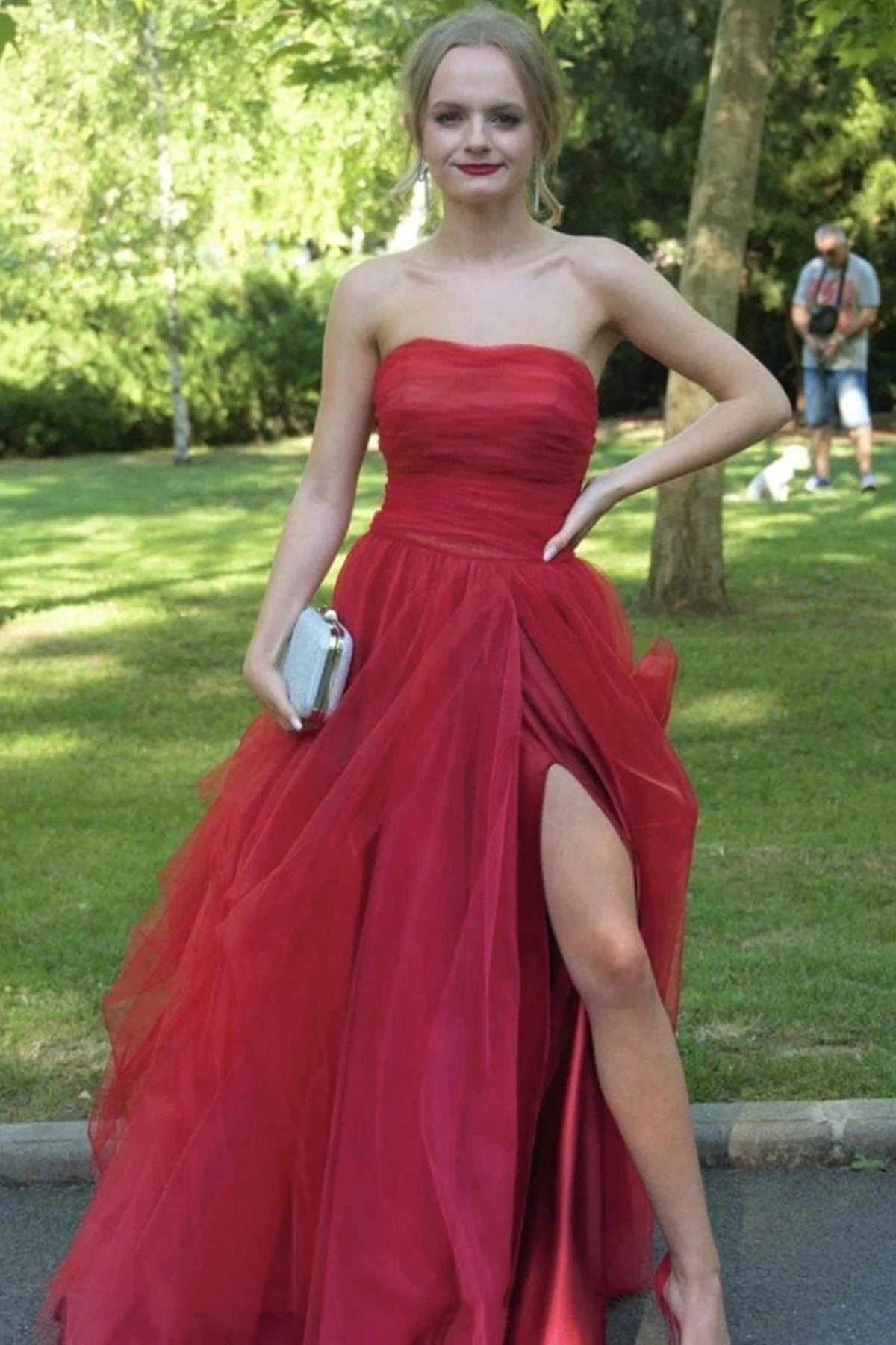 Tulle A-Line Empire Strapless Party Prom Dress With Slit