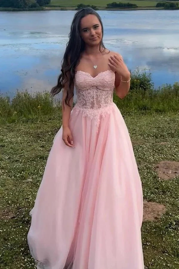 Tulle A-Line Empire Sweetheart Strapless Appliques Party Prom Dress