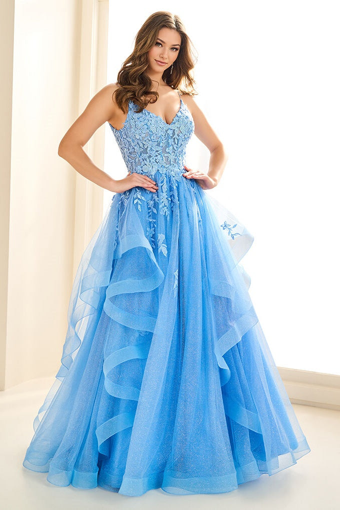 Tulle A-Line Empire V-Neck Sleeveless Appliques Party Prom Dress