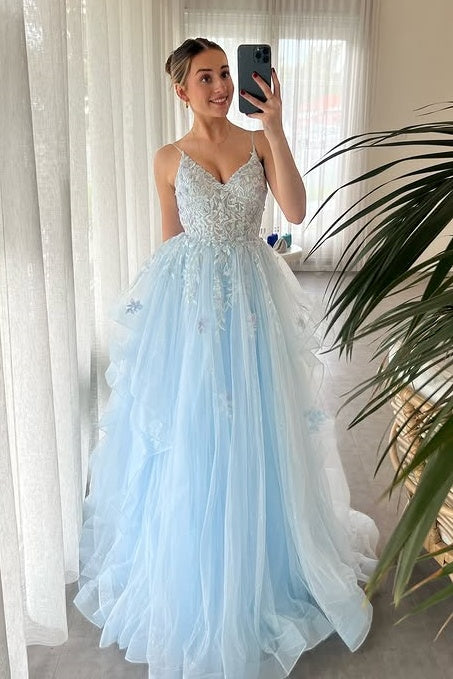 Tulle A-Line Empire V-Neck Sleeveless Appliques Party Prom Dress
