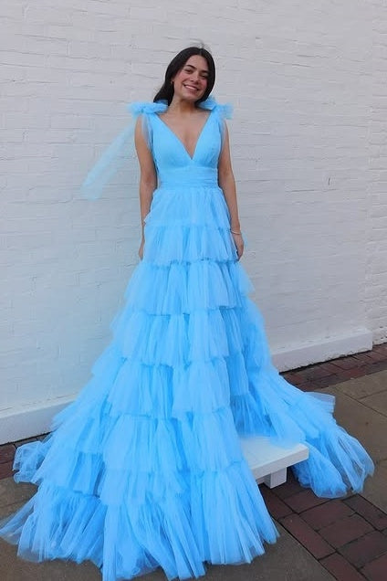 Tulle A-Line Empire V-Neck Straps Tiered Party Prom Dress