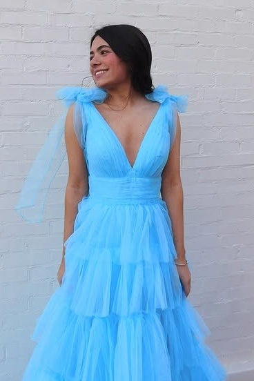 Tulle A-Line Empire V-Neck Straps Tiered Party Prom Dress