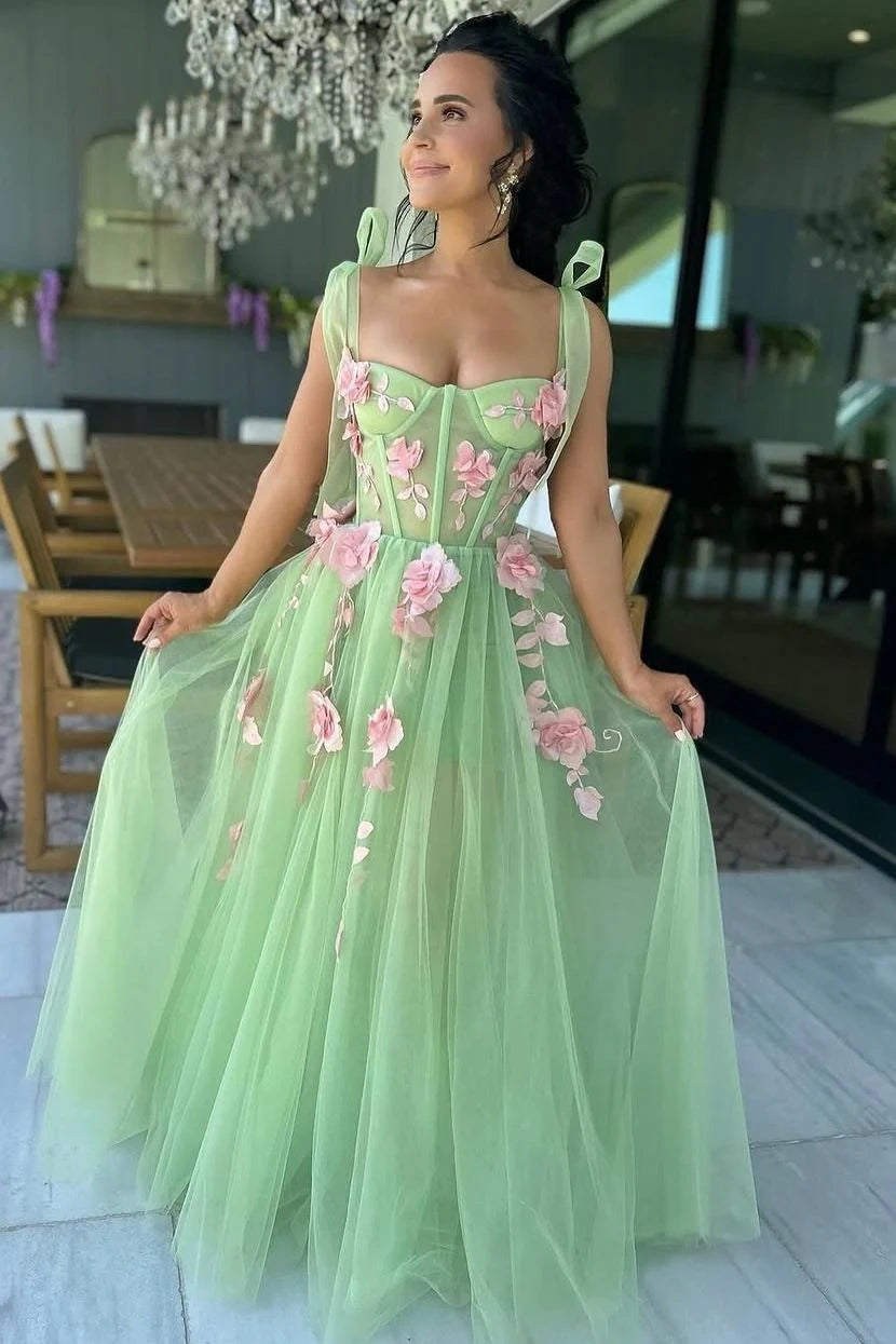 Tulle A-Line Florals Appliques Party Prom Dress