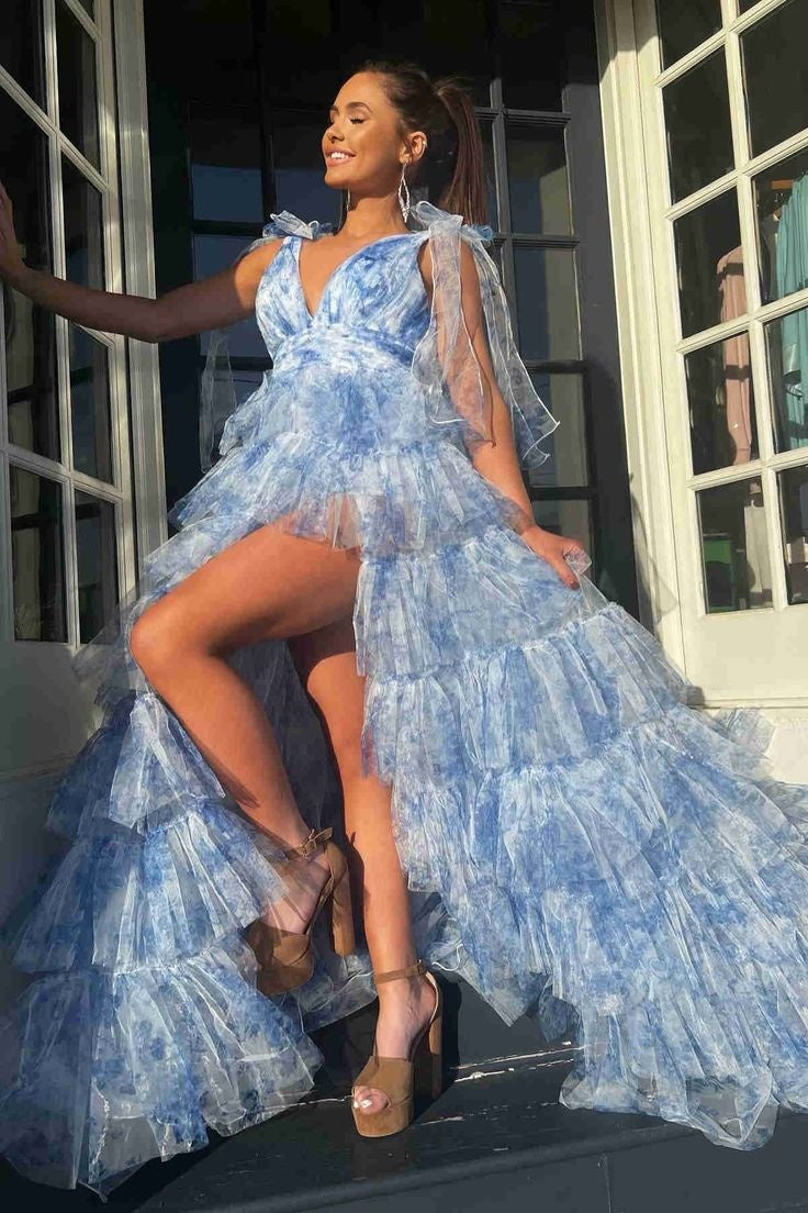 Tulle A-Line Low V-Neck Straps Tiered Party Prom Dress With Slit