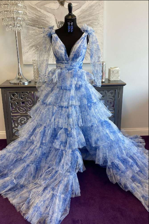 Tulle A-Line Low V-Neck Straps Tiered Party Prom Dress With Slit