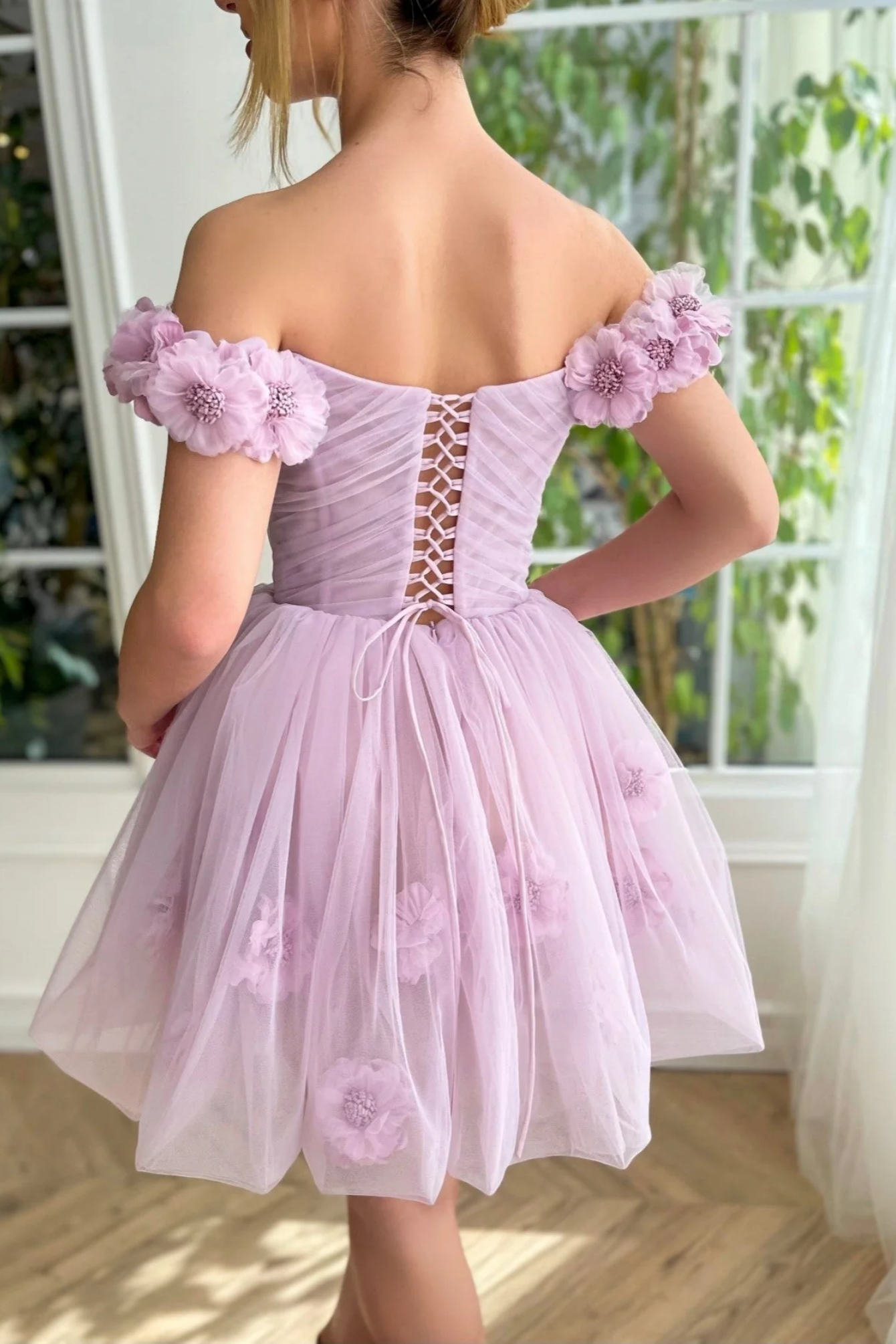 Tulle A-Line Off-Shoulder Empire Floral Short Homecoming Dress