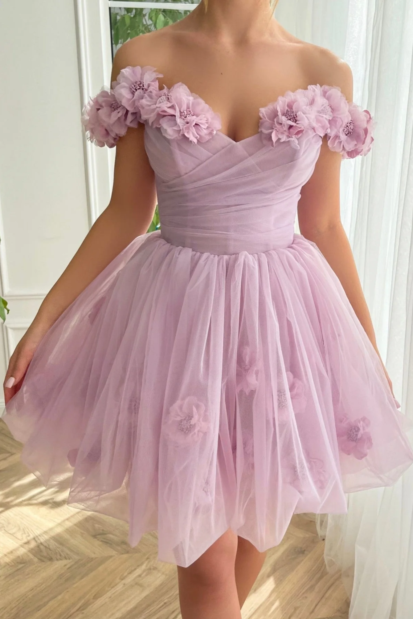 Tulle A-Line Off-Shoulder Empire Floral Short Homecoming Dress
