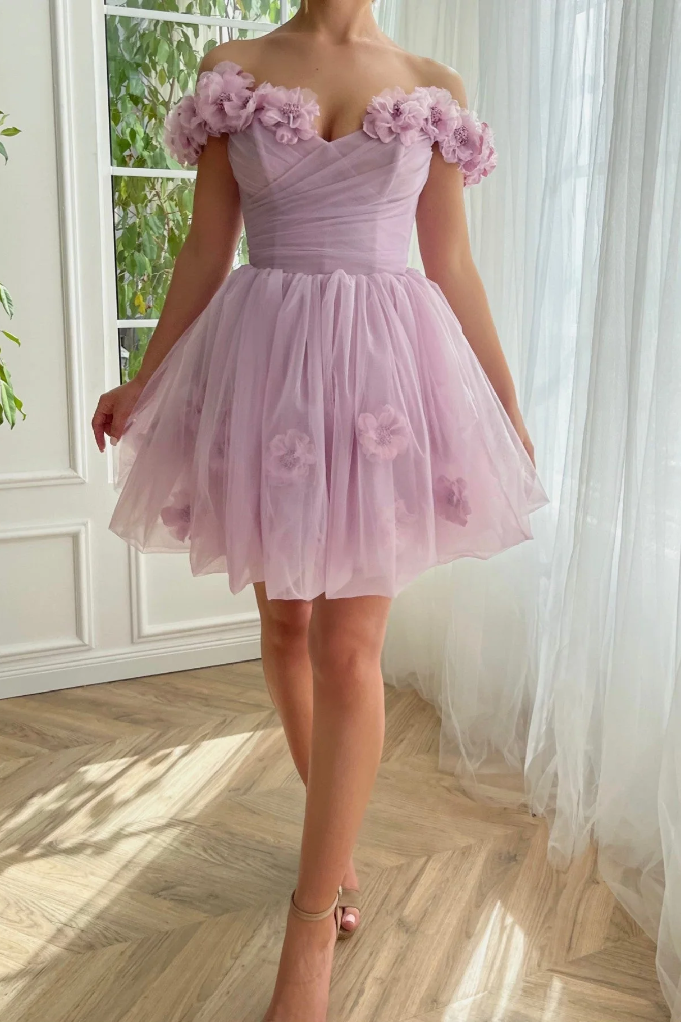 Tulle A-Line Off-Shoulder Empire Floral Short Homecoming Dress