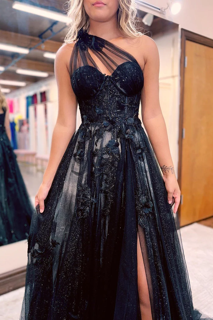 Tulle A-Line One Shoulder Appliques With Side Slit Prom Dress