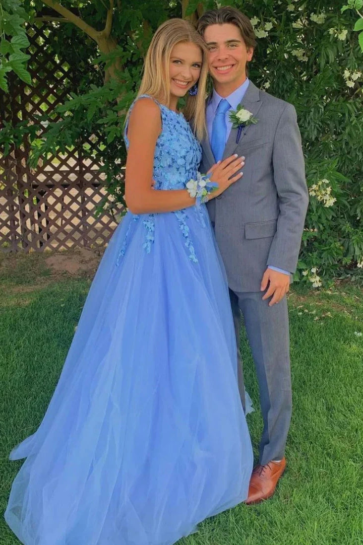 Tulle A-Line One Shoulder Empire Floral Appliques Party Prom Dress