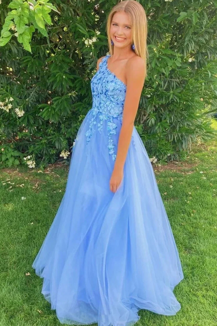Tulle A-Line One Shoulder Empire Floral Appliques Party Prom Dress
