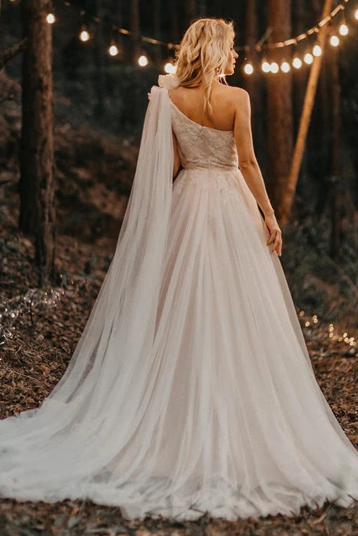 Tulle A-Line One Shoulder Sleeveless Appliques Summer Wedding Dress