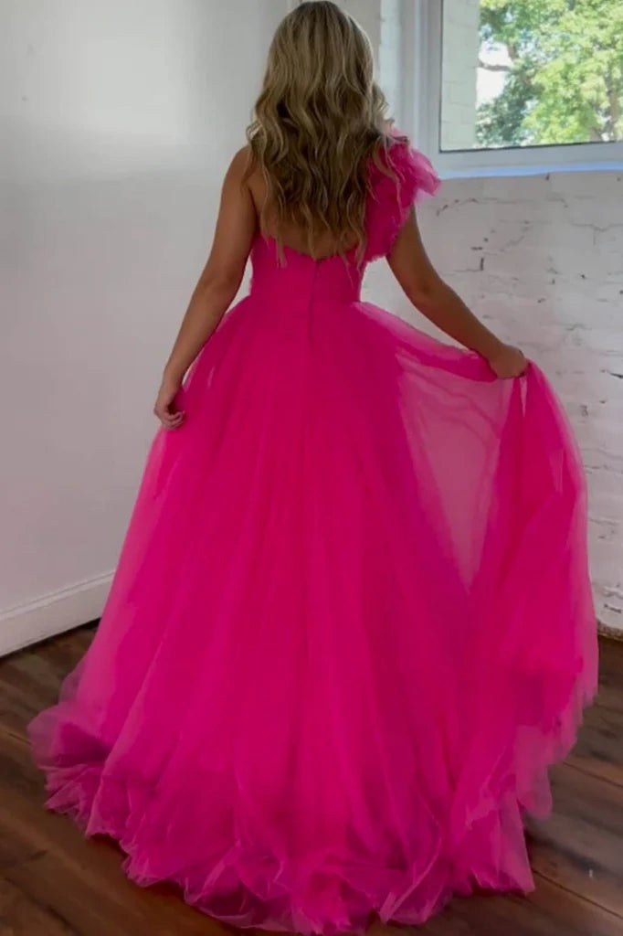 Tulle A-Line One Shoulder Sleeveless Prom Dress With Slit