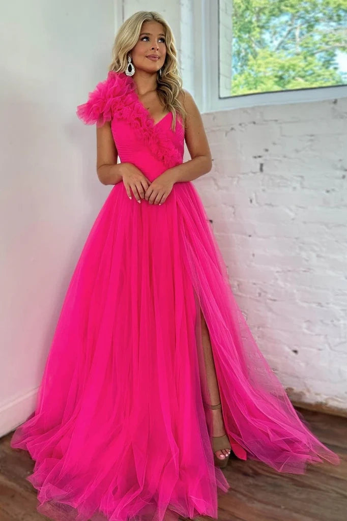 Tulle A-Line One Shoulder Sleeveless Prom Dress With Slit