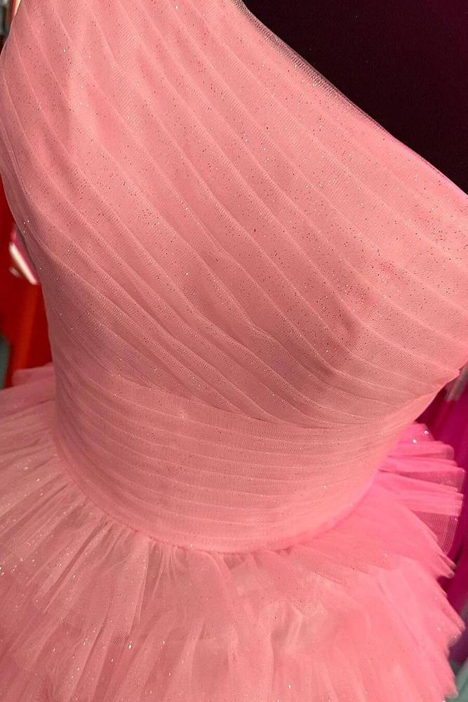 Tulle A-Line One Shoulder Sleeveless Tiered Prom Dress