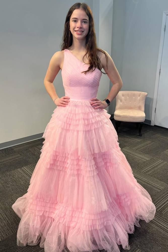 Tulle A-Line One Shoulder Sleeveless Tiered Prom Dress