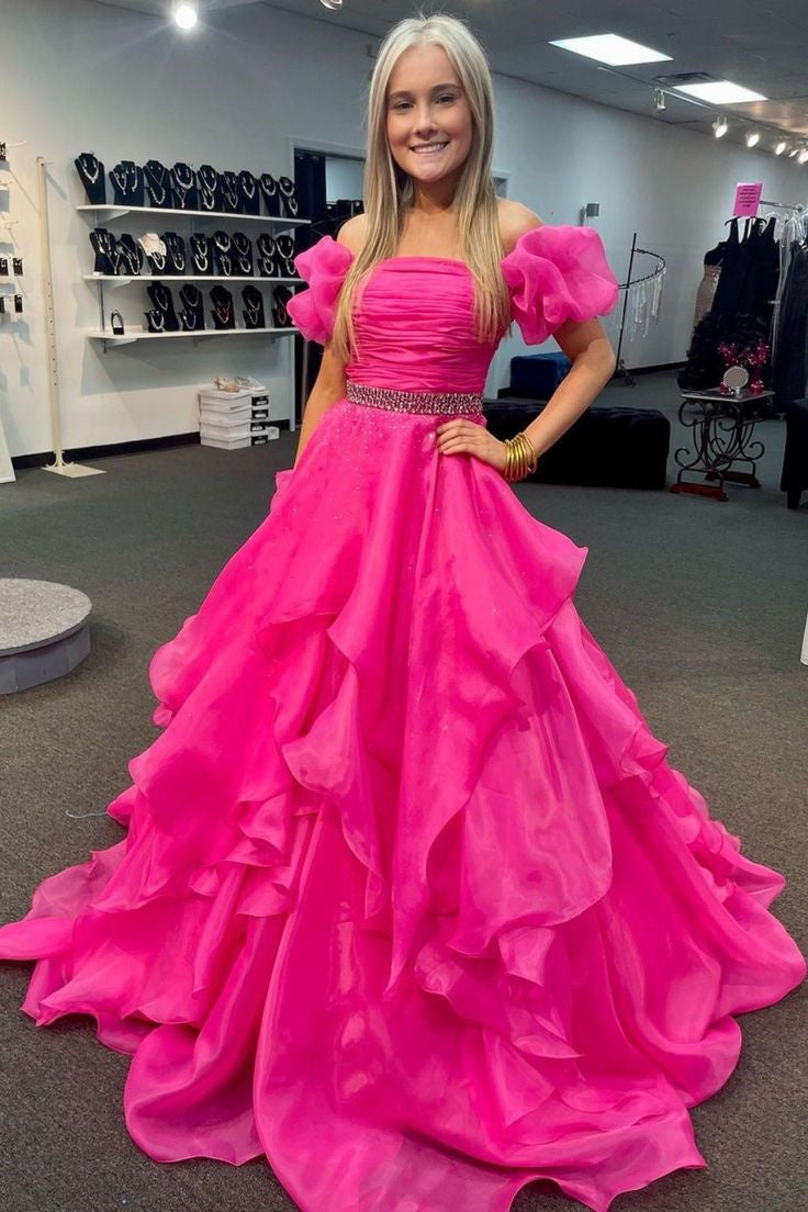 Tulle A-Line Short Sleeves Beaded Tiered Party Prom Dress