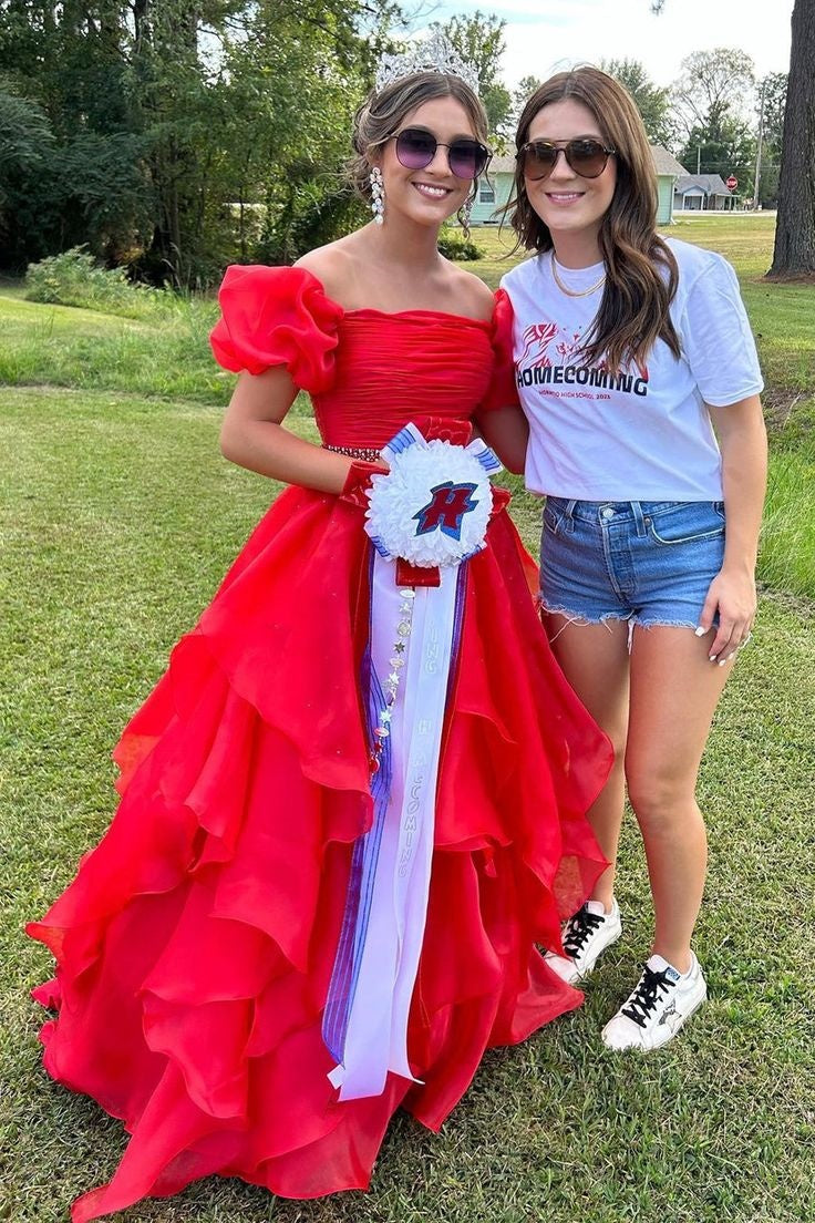 Tulle A-Line Short Sleeves Beaded Tiered Party Prom Dress