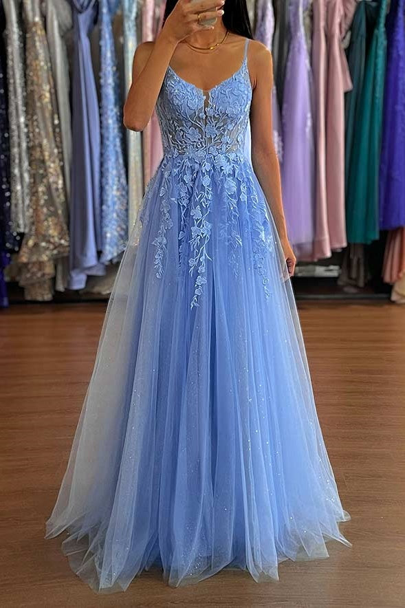 Tulle A-Line Sleeveless Appliques Formal Prom Dress