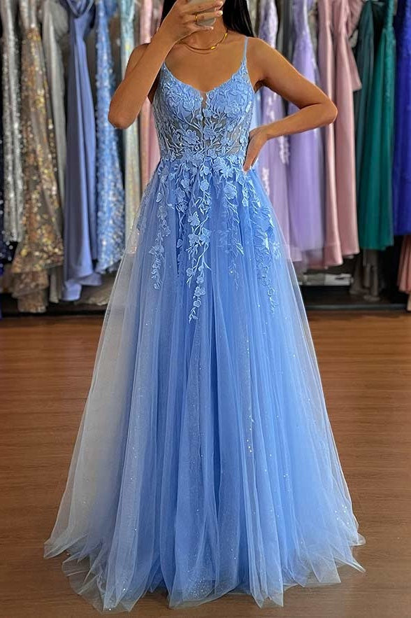 Tulle A-Line Sleeveless Appliques Formal Prom Dress
