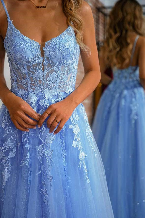 Tulle A-Line Sleeveless Appliques Formal Prom Dress