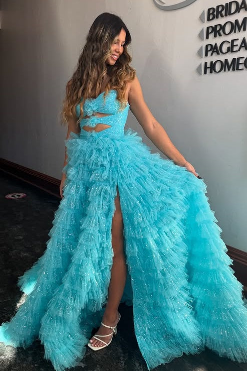 Tulle A-Line Strapless Tiered Empire Sparkly Party Prom Dress