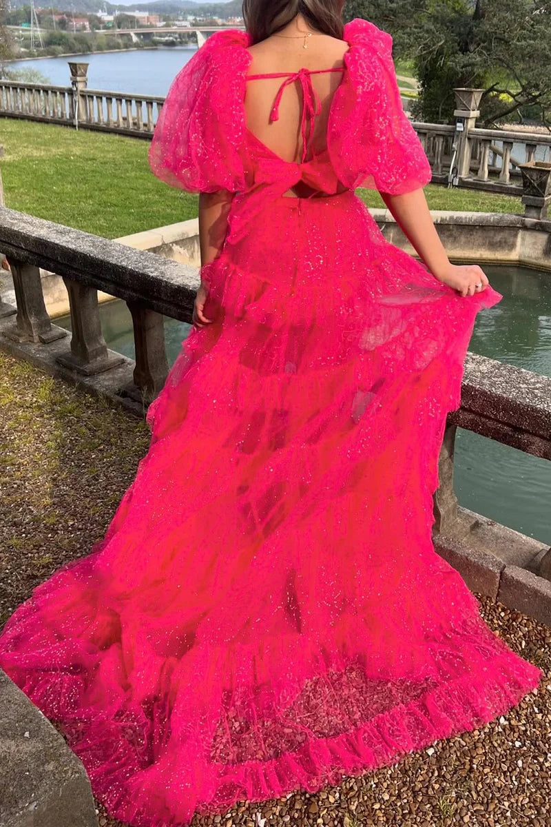 Tulle A-Line Sweetheart Short Sleeves Party Prom Dress
