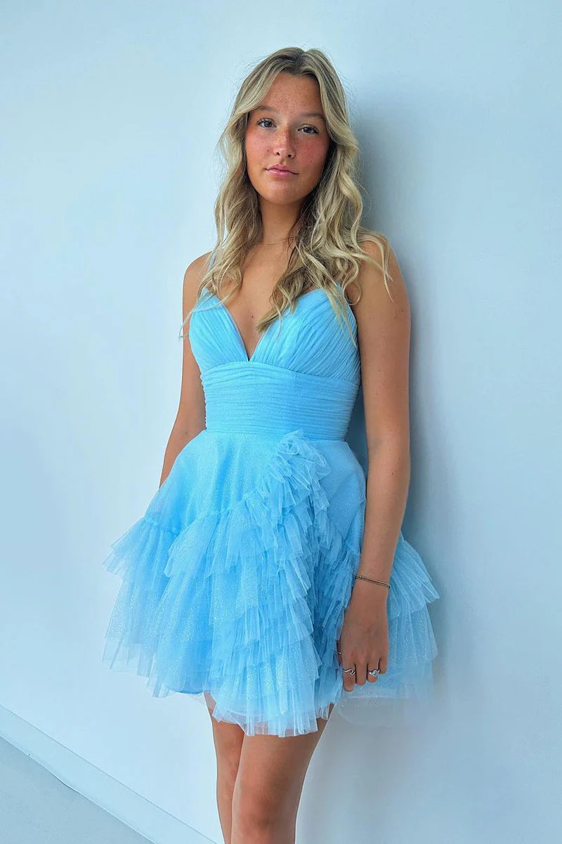 Tulle A-Line V-Neck Sleeveless Empire Short Homecoming Dress