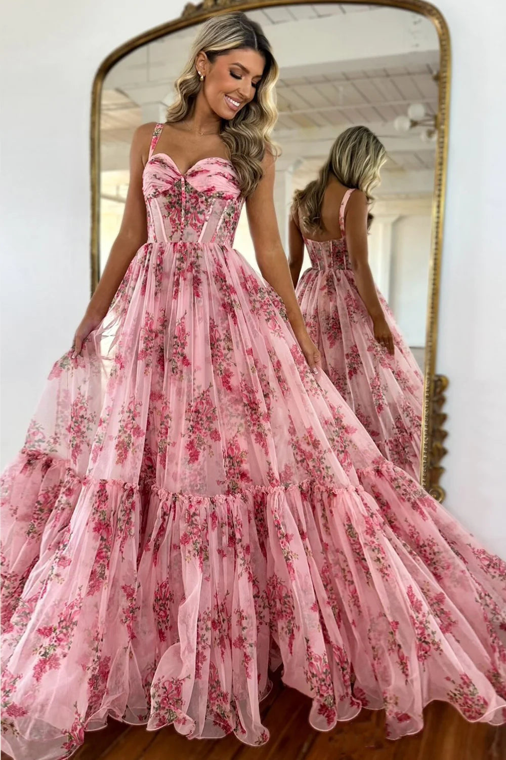 Tulle A-Line Sweetheart Sleeveless Floral Party Prom Dress