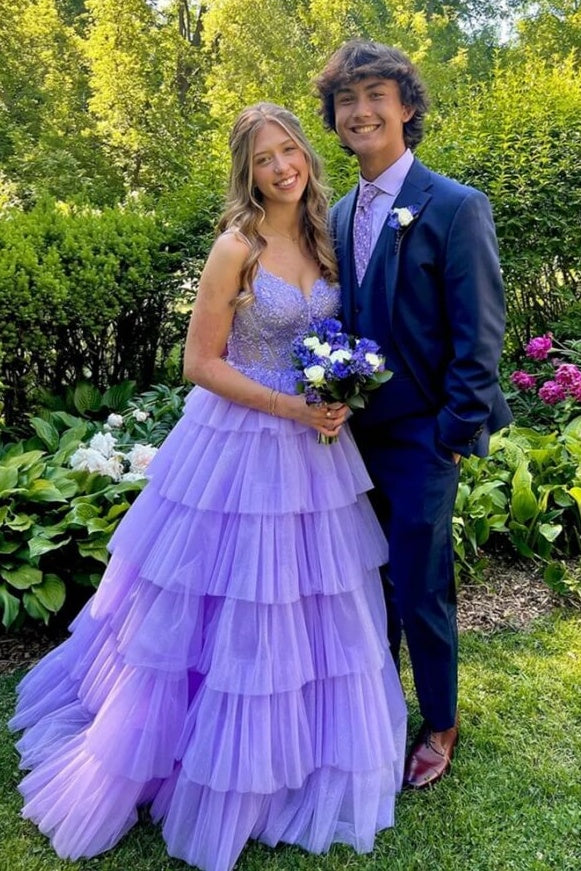 Tulle A-Line Sweetheart Sleeveless Tiered Long Party Prom Dress