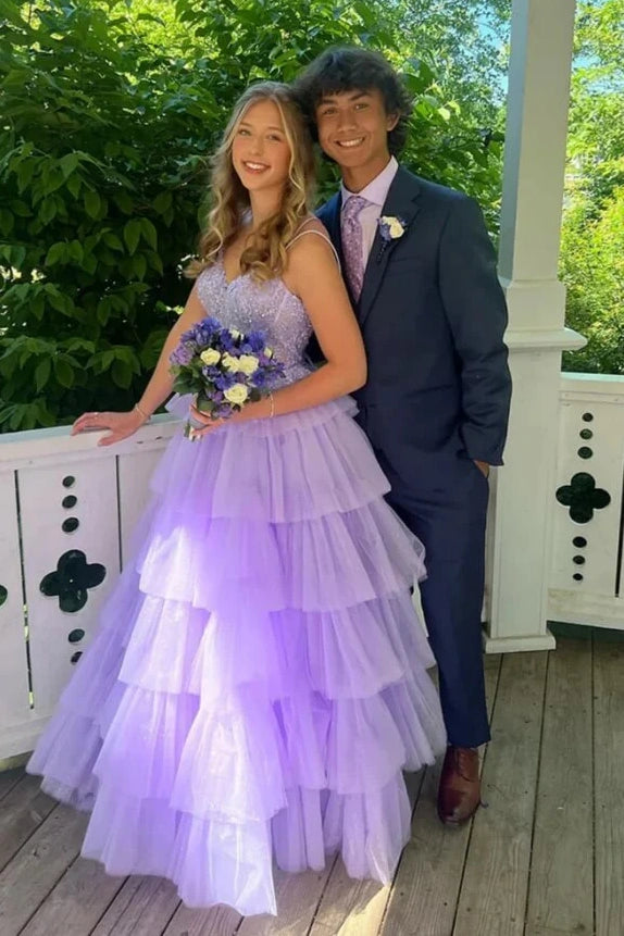 Tulle A-Line Sweetheart Sleeveless Tiered Long Party Prom Dress