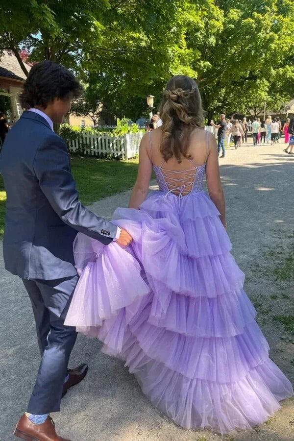 Tulle A-Line Sweetheart Sleeveless Tiered Long Party Prom Dress