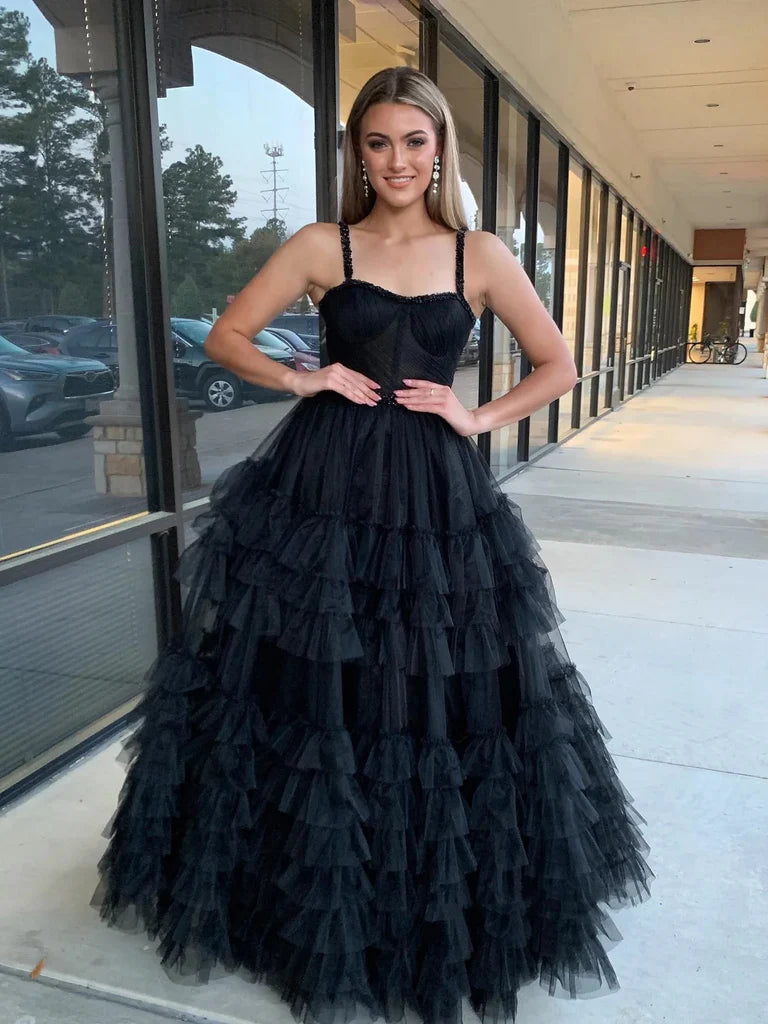 Tulle A-Line Sweetheart Sleeveless Tiered Party Prom Dress