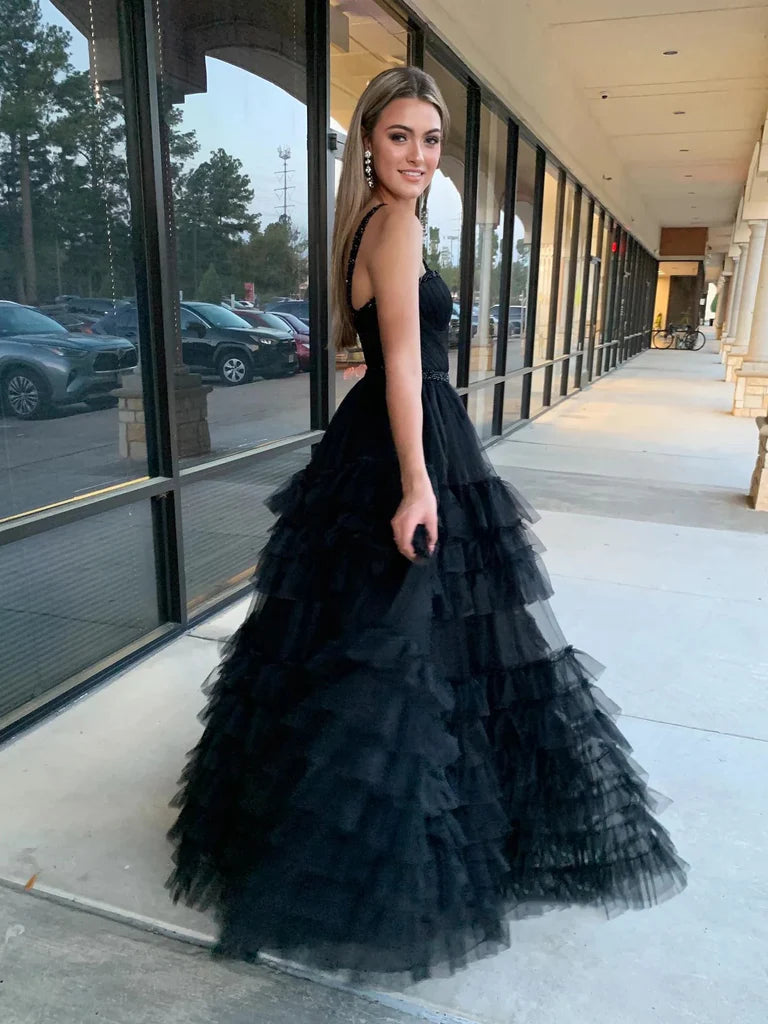 Tulle A-Line Sweetheart Sleeveless Tiered Party Prom Dress