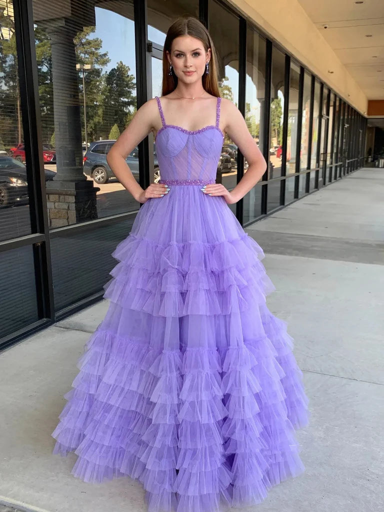 Tulle A-Line Sweetheart Sleeveless Tiered Party Prom Dress