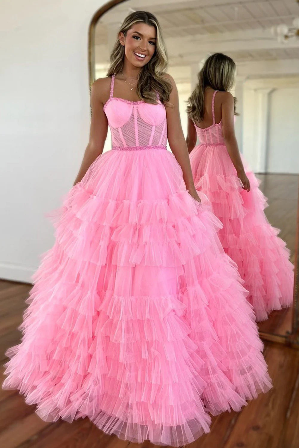 Tulle A-Line Sweetheart Sleeveless Tiered Party Prom Dress