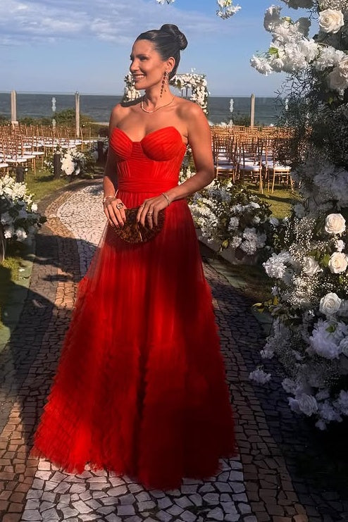 Tulle A-Line Sweetheart Strapless Modest Corset Tiered Prom Dress