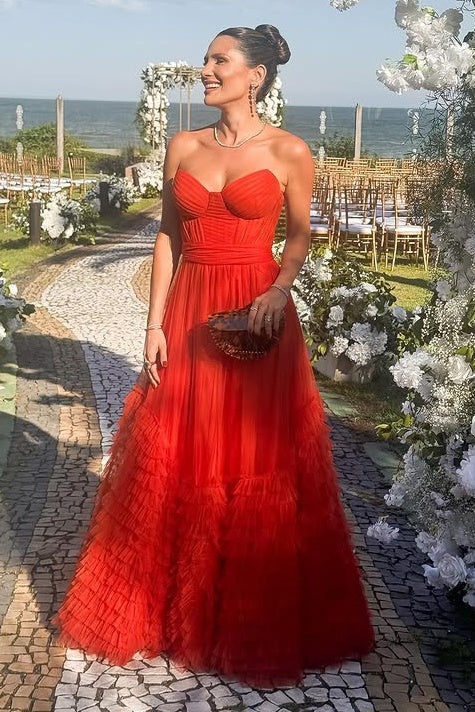 Tulle A-Line Sweetheart Strapless Modest Corset Tiered Prom Dress