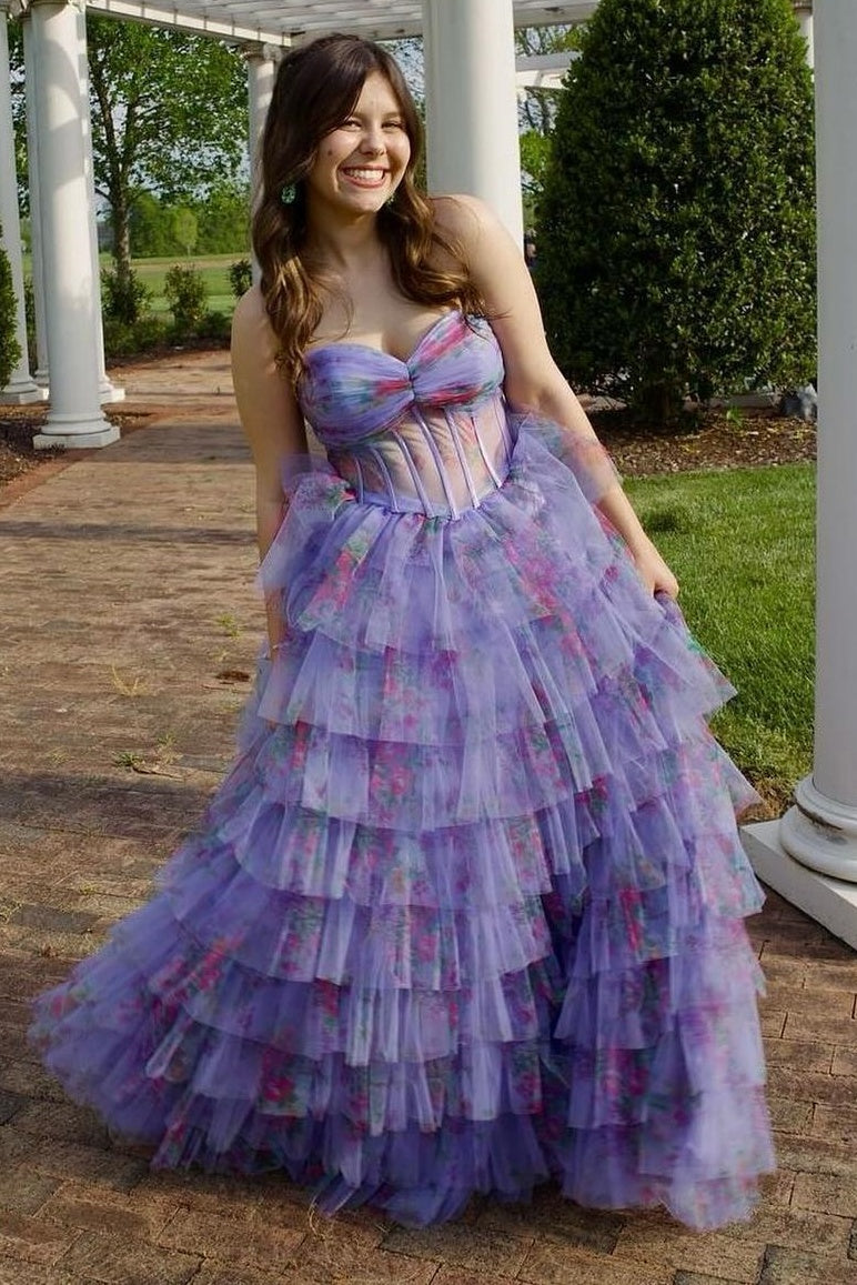 Tulle A-Line Sweetheart Strapless Tiered Florla Party Prom Dress