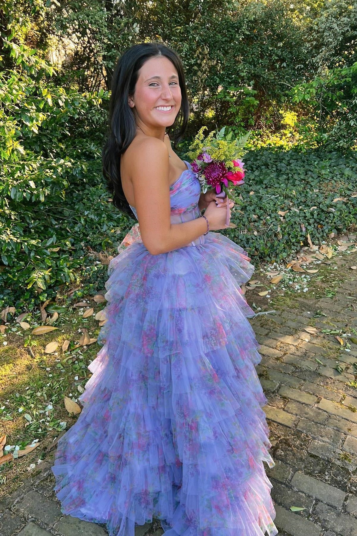 Tulle A-Line Sweetheart Strapless Tiered Florla Party Prom Dress